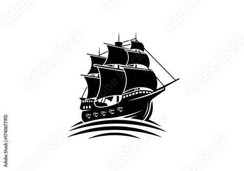 Classic Black and White Tall Ship Sailing through Ocean Waves, Representing Adventure and Maritime Heritage