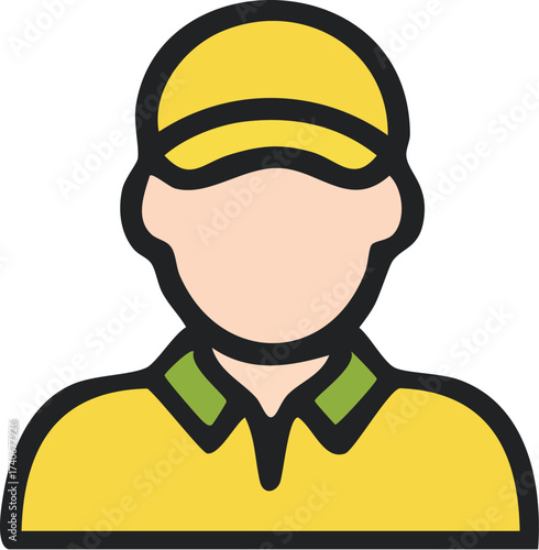 Person wearing a yellow cap and shirt looking straight ahead with focus.