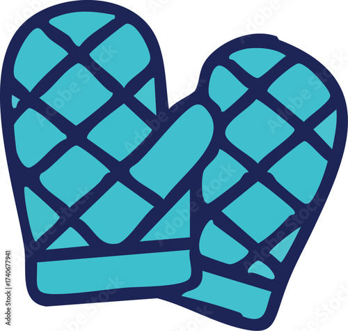Pair of blue oven mitts with dark blue grid pattern.