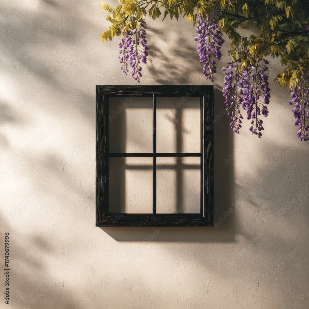 Obraz premium A black framed window with wisteria blossoms.