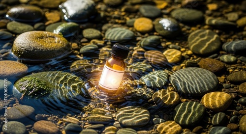 A small, unlabeled vial glows faintly, resting amidst a bed of colorful, wet pebbles in a sunlit, shallow stream