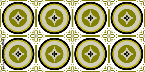 Geo flower of black and olive green circle in bold frame. Abstract floral seamless pattern. Vintage, boho, elegant, motifs, ethnic, luxury theme for wrapping paper, wallpaper, decor, textile, fabric.