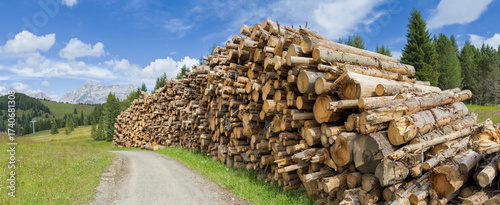 Thousands of stacked logs from forests destroyed by the European spruce bark beetle. Pile of wooden logs. Tall trees cut and stacked