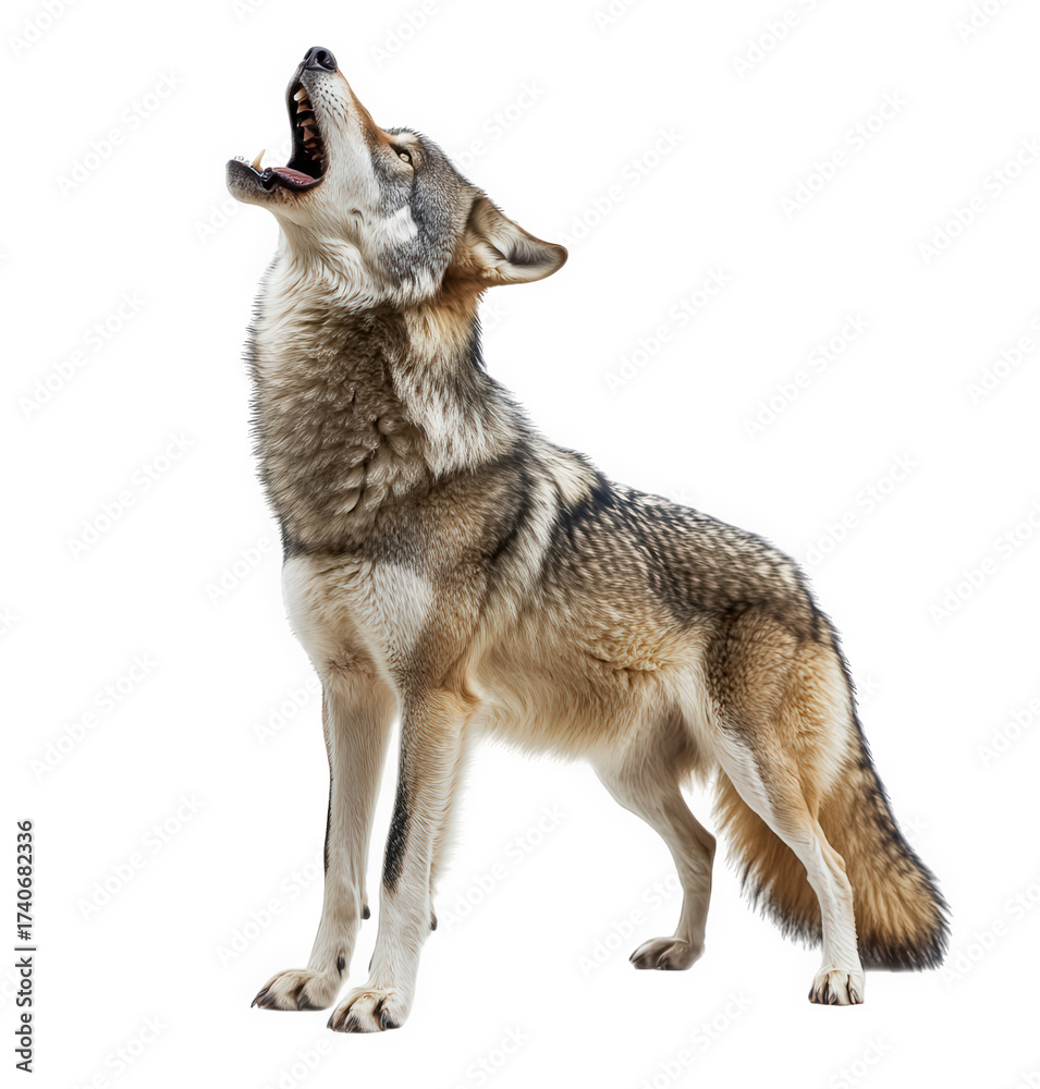 Obraz premium Magnificent gray wolf howling isolated on transparent background, displaying its strong posture and vocalization, embodying the spirit of wildlife and the untamed wilderness