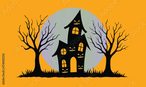 Halloween Night Silhouette Church, Dead Tree, and Bats on Moon Background