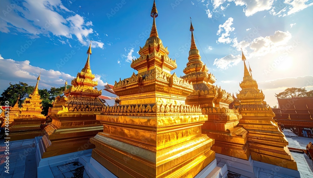Fototapeta premium Golden Tibetan Temple Complex with Layered Rooftops Under Bright Daylight Drone Shot