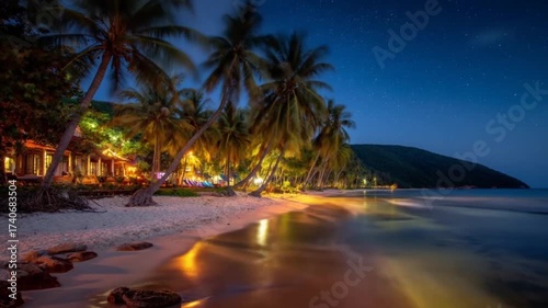 Palm trees on the beach at night under the moon