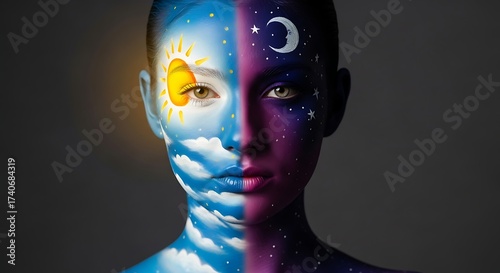 Day and Night Face: A captivating artistic representation showcases the duality of day and night, painted on a person's face. The artwork creates a surreal experience.