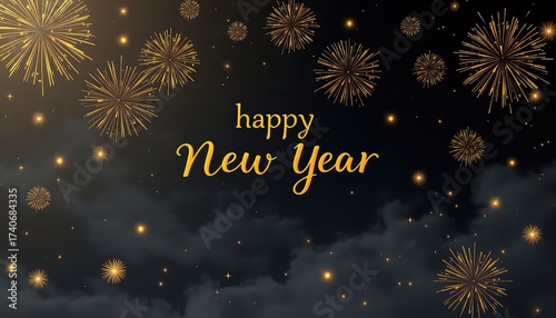 Festive dark sky illustration with golden glittering fireworks celebrating a happy time of year