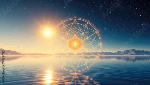 Geometric pattern over water reflecting celestial light amidst a serene landscape against a starry sky backdrop