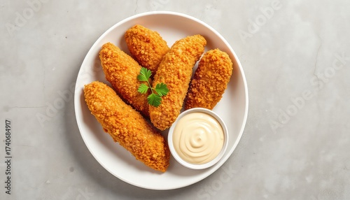 Golden fried snack sticks served on a white plate, with creamy dipping sauce and a sprig of parsley, on a neutral background