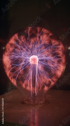 Vibrant Plasma Ball with Glowing Electrical Discharges and Intricate Light Streams against a Dark Background, Illustrating Scientific Energy