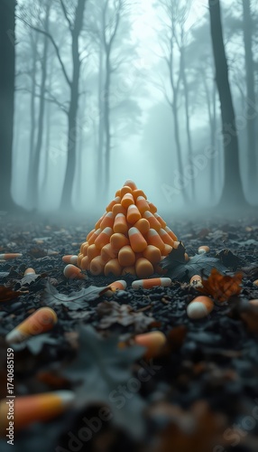 A mysterious pyramid of sugary sweets rests among fallen leaves in an ethereal autumn forest.