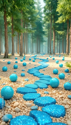 A Serene Woodland Path Composed of Sparkling Blue Stones and Matching Spheres Leads Through a Tranquil Forest