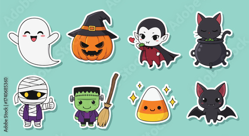 Adobe illustrator artwork vector illustration. A vibrant collection of cute Halloween stickers including a pumpkin, ghost, witch, black cat, vampire, mummies, Frankenstein, candy corn, and skull.