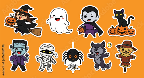Adobe illustrator artwork vector illustration. A vibrant collection of cute Halloween stickers including a pumpkin, ghost, witch, black cat, vampire, mummies, Frankenstein, candy corn, and skull.