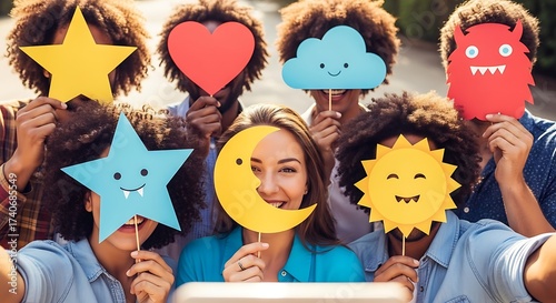 Playful Expressions: A gathering of friends, their faces partly concealed by cheerful, hand-held cutouts of stars, hearts, clouds, and a grinning sun, embracing a moment of pure.