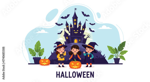 Adobe illustrator artwork vector illustration. Three adorable kids in witch costumes stand before a spooky castle with bats and pumpkins, ready for Halloween adventures. Perfect for holiday halloween