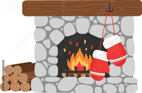 A warm stone fireplace with burning fire, wooden mantle, and a pair of red mittens hanging by the hearth, perfect for winter and holiday décor themes
