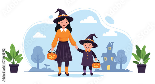 Adobe illustrator artwork vector illustration. A cheerful mother and child, both dressed as witches with pumpkin pails, are trick-or-treating in front of spooky houses. Perfect for Halloween Fest.