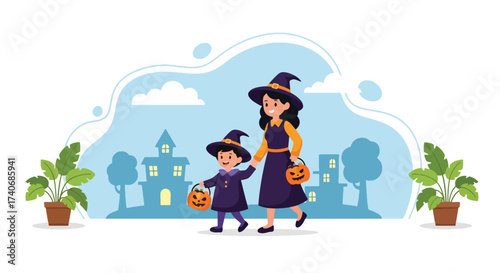 Adobe illustrator artwork vector illustration. A cheerful mother and child, both dressed as witches with pumpkin pails, are trick-or-treating in front of spooky houses. Perfect for Halloween Fest.