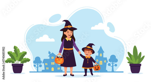 Adobe illustrator artwork vector illustration. A cheerful mother and child, both dressed as witches with pumpkin pails, are trick-or-treating in front of spooky houses. Perfect for Halloween Fest.