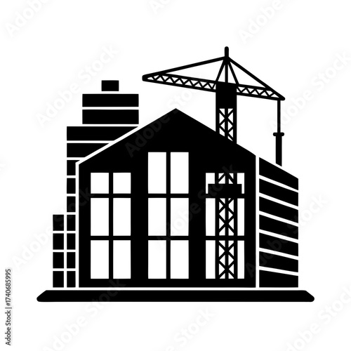 Building Under Construction Silhouette | Modern Architecture and Crane Design