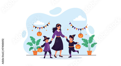Adobe illustrator artwork vector illustration. A joyful mother with her two children in witch costumes, holding pumpkin lanterns, celebrating Halloween indoors with festive decorations. Perfect.