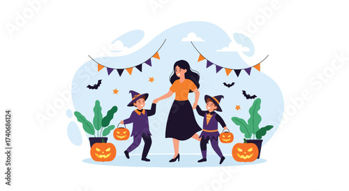 Adobe illustrator artwork vector illustration. A joyful mother with her two children in witch costumes, holding pumpkin lanterns, celebrating Halloween indoors with festive decorations. Perfect.