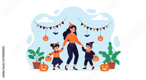 Adobe illustrator artwork vector illustration. A joyful mother with her two children in witch costumes, holding pumpkin lanterns, celebrating Halloween indoors with festive decorations. Perfect.