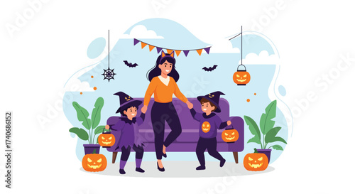 Adobe illustrator artwork vector illustration. A joyful mother with her two children in witch costumes, holding pumpkin lanterns, celebrating Halloween indoors with festive decorations. Perfect.