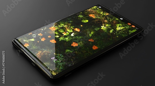 Modern smartphone with a floral wallpaper on a black background