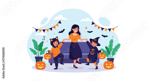 Adobe illustrator artwork vector illustration. A joyful mother with her two children in witch costumes, holding pumpkin lanterns, celebrating Halloween indoors with festive decorations. Perfect.