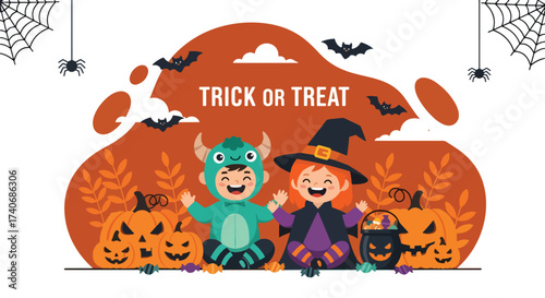 Adobe illustrator artwork vector illustration. Adorable kids in Halloween costumes, surrounded by pumpkins and candy, ready for trick or treat fun! Perfect for festive designs and seasonal promotions.