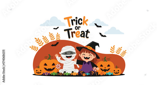 Adobe illustrator artwork vector illustration. Adorable kids in Halloween costumes, surrounded by pumpkins and candy, ready for trick or treat fun! Perfect for festive designs and seasonal promotions.