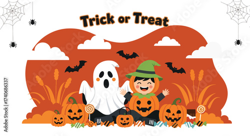 Adobe illustrator artwork vector illustration. Adorable kids in Halloween costumes, surrounded by pumpkins and candy, ready for trick or treat fun! Perfect for festive designs and seasonal promotions.