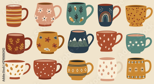 Ceramic coffee cups and tea mugs. Kitchen crockery with scandinavian and flower elements. Vector tableware set of ceramic and porcelain cups or mugs, home or cafe pottery for hot drinks, beverages 