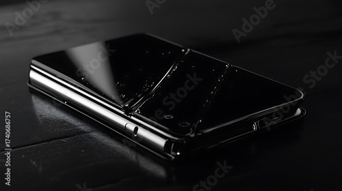 A sleek black smartphone with a folding design on a dark background