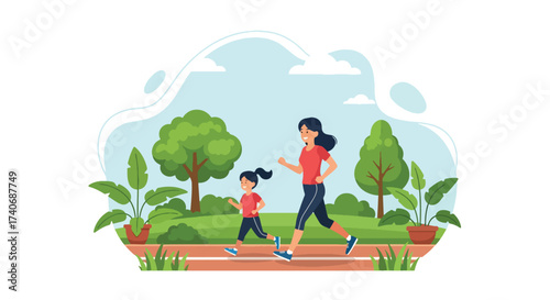 Adobe illustrator artwork vector illustration. A mother and child happily run together in a vibrant park, surrounded by trees and greenery. Perfect for depicting family fitness, outdoor activities