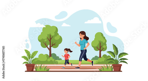 Adobe illustrator artwork vector illustration. A mother and child happily run together in a vibrant park, surrounded by trees and greenery. Perfect for depicting family fitness, outdoor activities
