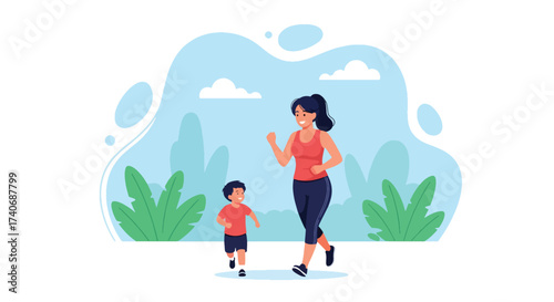 Adobe illustrator artwork vector illustration. A mother and child happily run together in a vibrant park, surrounded by trees and greenery. Perfect for depicting family fitness, outdoor activities