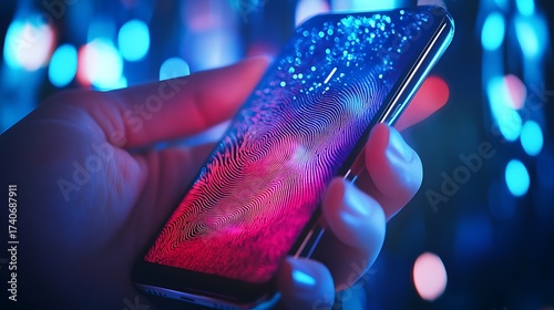 Hand holding a smartphone with a colorful abstract pattern on the screen