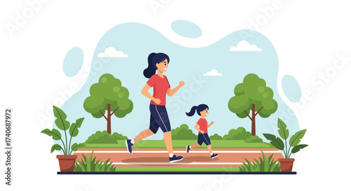 Adobe illustrator artwork vector illustration. A mother and child happily run together in a vibrant park, surrounded by trees and greenery. Perfect for depicting family fitness, outdoor activities