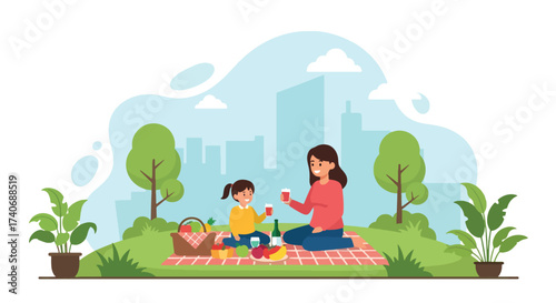 Adobe illustrator artwork vector illustration. A mother and child enjoy a delightful picnic in a park with a city skyline backdrop, complete with a basket, fruits, and drinks. Perfect for family