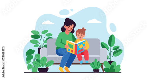 Adobe illustrator artwork vector illustration. A joyful mother reads an animal storybook to her happy child on a sofa, surrounded by lush potted plants. Perfect for educational, family