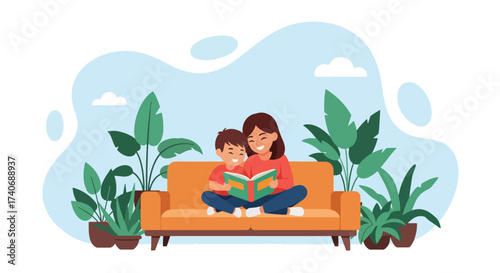 Adobe illustrator artwork vector illustration. A joyful mother reads an animal storybook to her happy child on a sofa, surrounded by lush potted plants. Perfect for educational, family