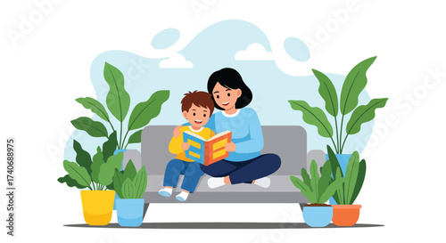 Adobe illustrator artwork vector illustration. A joyful mother reads an animal storybook to her happy child on a sofa, surrounded by lush potted plants. Perfect for educational, family