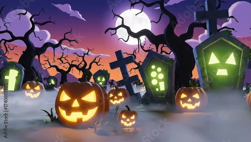 Animated Halloween Cemetery with Glowing JackOLanterns and Tombstones