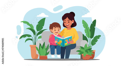 Adobe illustrator artwork vector illustration. A joyful mother reads an animal storybook to her happy child on a sofa, surrounded by lush potted plants. Perfect for educational, family