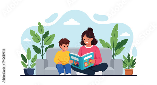 Adobe illustrator artwork vector illustration. A joyful mother reads an animal storybook to her happy child on a sofa, surrounded by lush potted plants. Perfect for educational, family